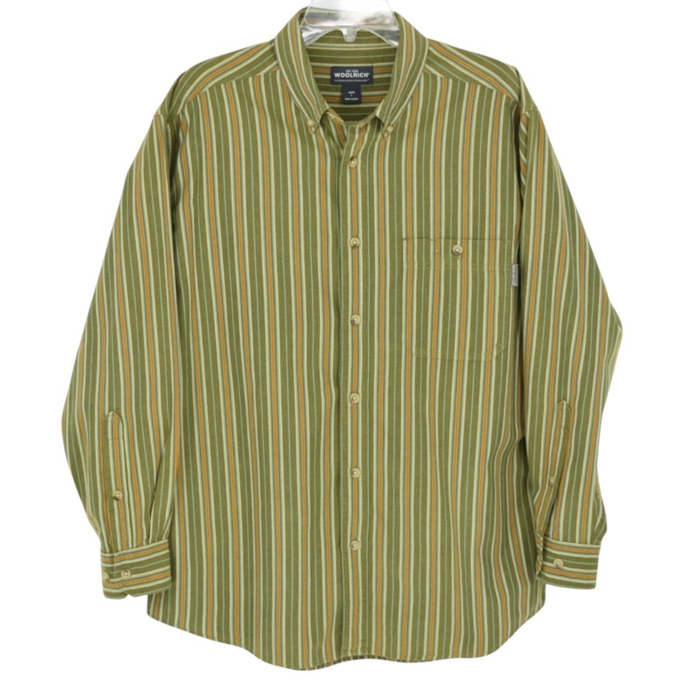 Woolrich Mens Large Long Sleeve Button Down Olive Multistripe Earth Tone Shirt L